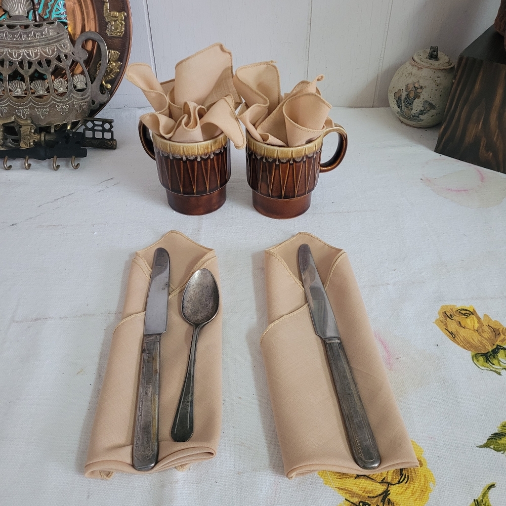 Vintage Square Cotton Blend Light Brown Napkins White Set of 4 Neutral